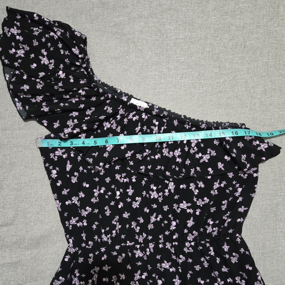 LEITH Floral One Shoulder Ruffle Asymmetric Hem Dress Black Lavender Size Medium - Picture 9 of 15